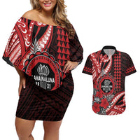 Personalized Hawaii Lahainaluna High School Couples Matching Off Shoulder Short Dress and Hawaiian Shirt Tribal Tattoo With Hibiscus Flowers LT05 Red - Polynesian Pride