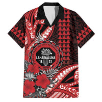 Personalized Hawaii Lahainaluna High School Family Matching Off The Shoulder Long Sleeve Dress and Hawaiian Shirt Tribal Tattoo With Hibiscus Flowers LT05 Dad's Shirt - Short Sleeve Red - Polynesian Pride