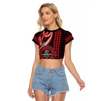 Personalized Hawaii Lahainaluna High School Raglan Cropped T Shirt Tribal Tattoo With Hibiscus Flowers LT05 Female Red - Polynesian Pride