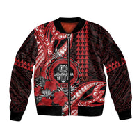Personalized Hawaii Lahainaluna High School Sleeve Zip Bomber Jacket Tribal Tattoo With Hibiscus Flowers LT05 Unisex Red - Polynesian Pride