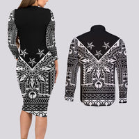 Black Philippines Sun Star Couples Matching Long Sleeve Bodycon Dress and Long Sleeve Button Shirt Igorot Tribal Inspiration LT05 - Polynesian Pride