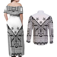 White Philippines Sun Star Couples Matching Off Shoulder Maxi Dress and Long Sleeve Button Shirt Igorot Tribal Inspiration