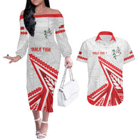Custom Tonga Rugby 2024 Pacific Couples Matching Off The Shoulder Long Sleeve Dress and Hawaiian Shirt Go Ikale Tahi LT05 White - Polynesian Pride