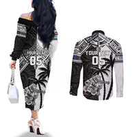 Custom New Zealand And Fiji Rugby 2024 Couples Matching Off The Shoulder Long Sleeve Dress and Long Sleeve Button Shirt Maori Kiwi With Fijian Palm Tree