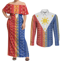 Philippines Sun Couples Matching Off Shoulder Maxi Dress and Long Sleeve Button Shirt Igorot Tribal Inspiration