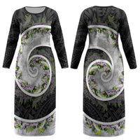 Piko Hawaii Couples Matching Long Sleeve Bodycon Dress and Hawaiian Shirt Polynesian Pattern With Maile Pikake Honohono Lei