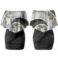 Piko Hawaii Couples Matching Off Shoulder Short Dress and Hawaiian Shirt Polynesian Pattern With Maile Pikake Honohono Lei