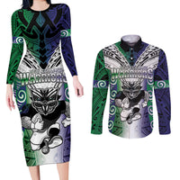 Custom New Zealand Warrior Couples Matching Long Sleeve Bodycon Dress and Long Sleeve Button Shirt Maori Tribal Pattern LT05 Green - Polynesian Pride