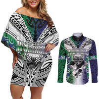 Custom New Zealand Warrior Couples Matching Off Shoulder Short Dress and Long Sleeve Button Shirt Maori Tribal Pattern