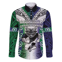 Custom New Zealand Warrior Family Matching Off The Shoulder Long Sleeve Dress and Hawaiian Shirt Maori Tribal Pattern LT05 Dad's Shirt - Long Sleeve Green - Polynesian Pride