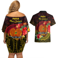 Papua New Guinea Couples Matching Off Shoulder Short Dress and Hawaiian Shirt Coat Of Arms Tropical Flowers Polynesian Pattern LT05 - Polynesian Pride