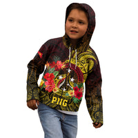 Papua New Guinea Kid Hoodie Coat Of Arms Tropical Flowers Polynesian Pattern LT05 - Polynesian Pride