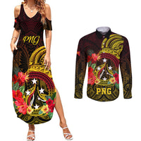 Personalized Papua New Guinea Couples Matching Summer Maxi Dress and Long Sleeve Button Shirts Coat Of Arms Tropical Flowers Polynesian Pattern LT05 Yellow - Polynesian Pride