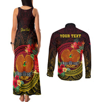Personalized Papua New Guinea Couples Matching Tank Maxi Dress and Long Sleeve Button Shirts Coat Of Arms Tropical Flowers Polynesian Pattern LT05 - Polynesian Pride