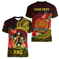Personalized Papua New Guinea Women V Neck T Shirt Coat Of Arms Tropical Flowers Polynesian Pattern LT05 - Polynesian Pride