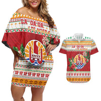 French Polynesia Christmas Couples Matching Off Shoulder Short Dress and Hawaiian Shirt Coat Of Arms Merry Xmas LT05 Red - Polynesian Pride