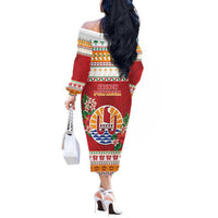 French Polynesia Christmas Off The Shoulder Long Sleeve Dress Coat Of Arms Merry Xmas LT05 - Polynesian Pride