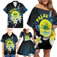 Palau United Nations Day Family Matching Off Shoulder Short Dress and Hawaiian Shirt Polynesian Curves Plumeria - Polynesian Pride