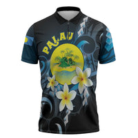 Palau United Nations Day Zipper Polo Shirt Polynesian Curves Plumeria LT05 Black - Polynesian Pride