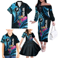 Personalised FSM Yap State Day Family Matching Off Shoulder Long Sleeve Dress and Hawaiian Shirt Tropical Flowers Tribal Pattern LT05 - Polynesian Pride