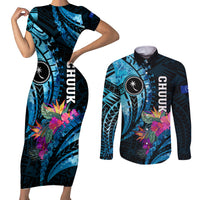 Personalised FSM Chuuk State Couples Matching Short Sleeve Bodycon Dress and Long Sleeve Button Shirt Tropical Flowers Tribal Pattern LT05 Blue - Polynesian Pride