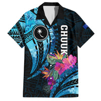 Personalised FSM Chuuk State Family Matching Long Sleeve Bodycon Dress and Hawaiian Shirt Tropical Flowers Tribal Pattern LT05 Dad's Shirt - Short Sleeve Blue - Polynesian Pride