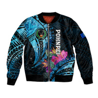 Personalised FSM Pohnpei State Bomber Jacket Tropical Flowers Tribal Pattern LT05 Unisex Blue - Polynesian Pride