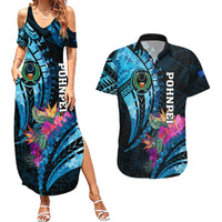 Personalised FSM Pohnpei State Couples Matching Summer Maxi Dress and Hawaiian Shirt Tropical Flowers Tribal Pattern LT05 Blue - Polynesian Pride