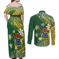 Cook Islands 15 Finest Couples Matching Off Shoulder Maxi Dress and Long Sleeve Button Shirt Plumeria Polynesian Turtle LT05 - Polynesian Pride