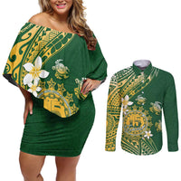 Cook Islands 15 Finest Couples Matching Off Shoulder Short Dress and Long Sleeve Button Shirt Plumeria Polynesian Turtle LT05 Green - Polynesian Pride