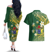 Cook Islands 15 Finest Couples Matching Off The Shoulder Long Sleeve Dress and Hawaiian Shirt Plumeria Polynesian Turtle