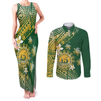 Cook Islands 15 Finest Couples Matching Tank Maxi Dress and Long Sleeve Button Shirt Plumeria Polynesian Turtle LT05 Green - Polynesian Pride