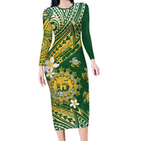Cook Islands 15 Finest Family Matching Long Sleeve Bodycon Dress and Hawaiian Shirt Plumeria Polynesian Turtle LT05 Mom's Dress Green - Polynesian Pride