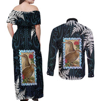 New Zealand Weka Couples Matching Off Shoulder Maxi Dress and Long Sleeve Button Shirt Maori Hen Koru Pattern LT05 - Polynesian Pride