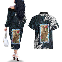 New Zealand Weka Couples Matching Off The Shoulder Long Sleeve Dress and Hawaiian Shirt Maori Hen Koru Pattern LT05 - Polynesian Pride