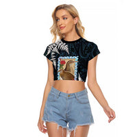 New Zealand Weka Raglan Cropped T Shirt Maori Hen Koru Pattern - Polynesian Pride