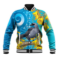 New Zealand Kokako Bird Baseball Jacket Maori Koru With Kowhai Flowers LT05 Unisex Aqua - Polynesian Pride