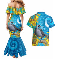 New Zealand Kokako Bird Couples Matching Mermaid Dress and Hawaiian Shirt Maori Koru With Kowhai Flowers LT05 - Polynesian Pride