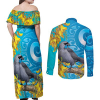 New Zealand Kokako Bird Couples Matching Off Shoulder Maxi Dress and Long Sleeve Button Shirt Maori Koru With Kowhai Flowers LT05 - Polynesian Pride