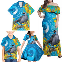 New Zealand Kokako Bird Family Matching Off Shoulder Maxi Dress and Hawaiian Shirt Maori Koru With Kowhai Flowers