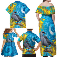 New Zealand Kokako Bird Family Matching Off Shoulder Maxi Dress and Hawaiian Shirt Maori Koru With Kowhai Flowers