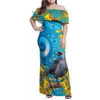 New Zealand Kokako Bird Family Matching Off Shoulder Maxi Dress and Hawaiian Shirt Maori Koru With Kowhai Flowers
