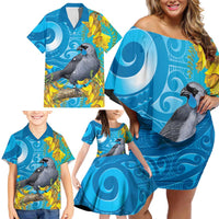 New Zealand Kokako Bird Family Matching Off Shoulder Short Dress and Hawaiian Shirt Maori Koru With Kowhai Flowers