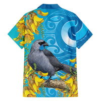 New Zealand Kokako Bird Family Matching Off Shoulder Short Dress and Hawaiian Shirt Maori Koru With Kowhai Flowers
