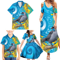 New Zealand Kokako Bird Family Matching Summer Maxi Dress and Hawaiian Shirt Maori Koru With Kowhai Flowers