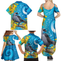 New Zealand Kokako Bird Family Matching Summer Maxi Dress and Hawaiian Shirt Maori Koru With Kowhai Flowers