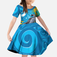 New Zealand Kokako Bird Family Matching Tank Maxi Dress and Hawaiian Shirt Maori Koru With Kowhai Flowers LT05 Daughter's Dress Aqua - Polynesian Pride