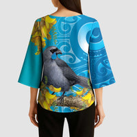 New Zealand Kokako Bird Kimono Sleeve Blouse Maori Koru With Kowhai Flowers LT05 - Polynesian Pride