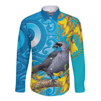 New Zealand Kokako Bird Long Sleeve Button Shirt Maori Koru With Kowhai Flowers LT05 Unisex Aqua - Polynesian Pride