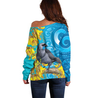 New Zealand Kokako Bird Off Shoulder Sweater Maori Koru With Kowhai Flowers LT05 - Polynesian Pride